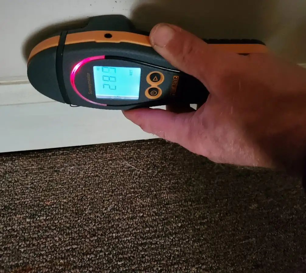 Moisture detection at baseboard during Storm Damage Restoration in Avocado Heights